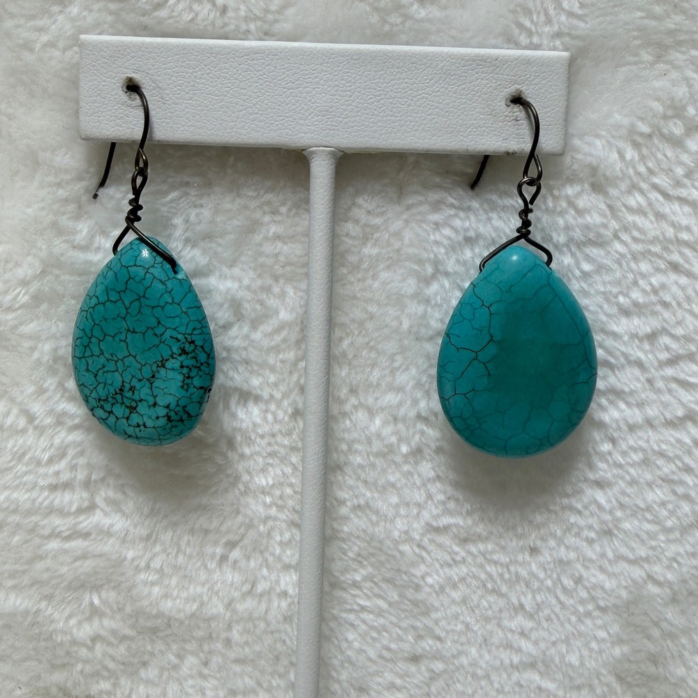Chunky Homemade Turquoise Blue Crackle Stone Teardrop Dangle Earrings‎ Boho